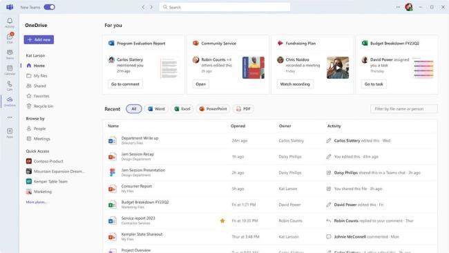 Prostředí sdílených aktivit Microsoft Teams a OneDrive