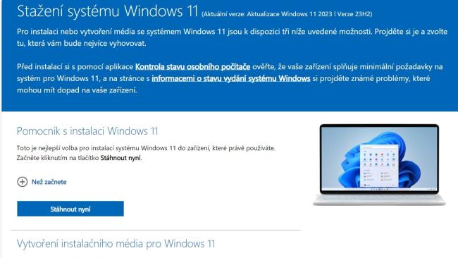 Webová stránka s podporou instalace Windows 11