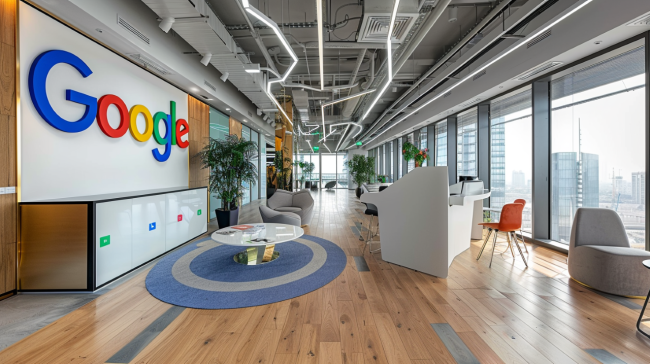 Kancelářské prostředí s logem Google na stěně