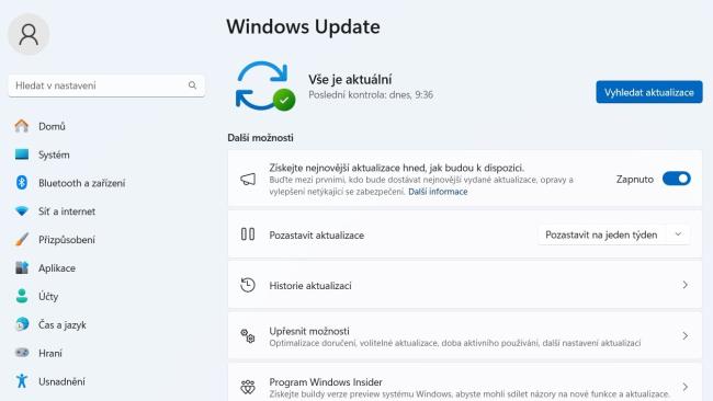 Okno služby Windows Update