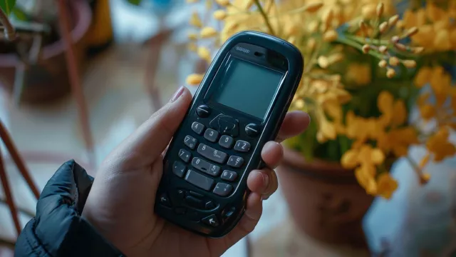 Klasický tlačítkový mobil v ruce uživatelky