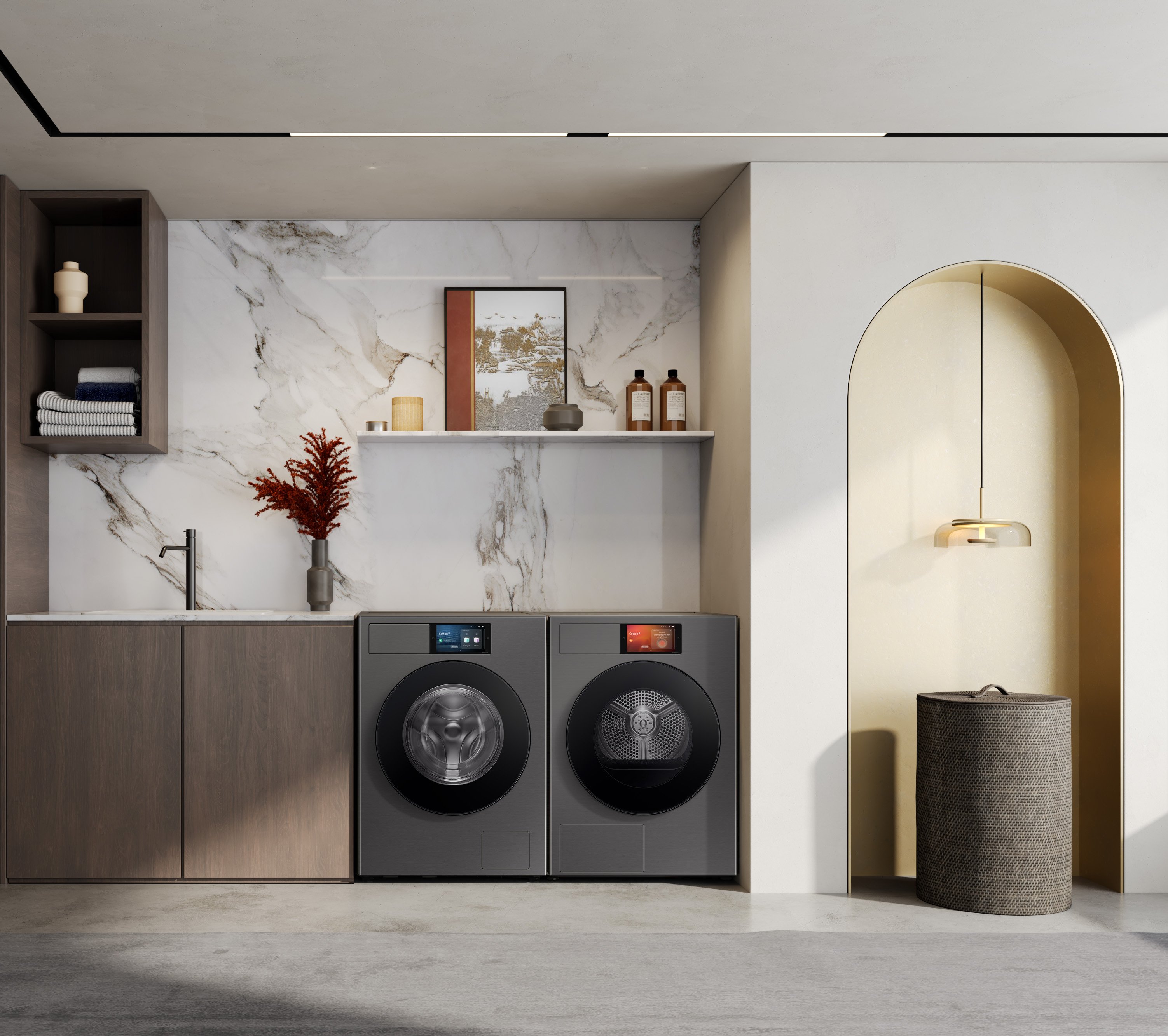Set pračky a sušičky Samsung Bespoke AI s ovládáním AI Home a 7” displejem