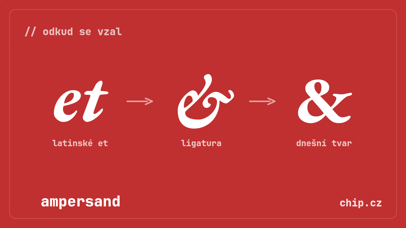 Znázornění vývoje symbolu ampersandu na červeném pozadí.