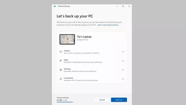 Obrazovka pro nastavení zálohování