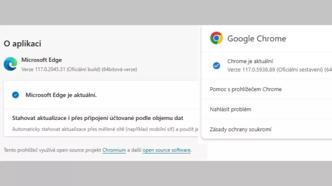 Obrazovky se zobrazením aktuální verze prohlížečů Chrome a Edge