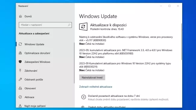 Obrazovka Windows Update