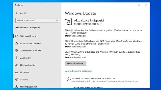 Obrazovka Windows Update