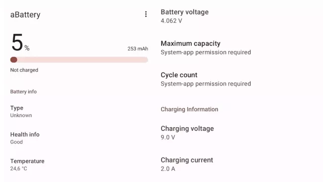 Otisk obrazovky s údaji o akumulátoru