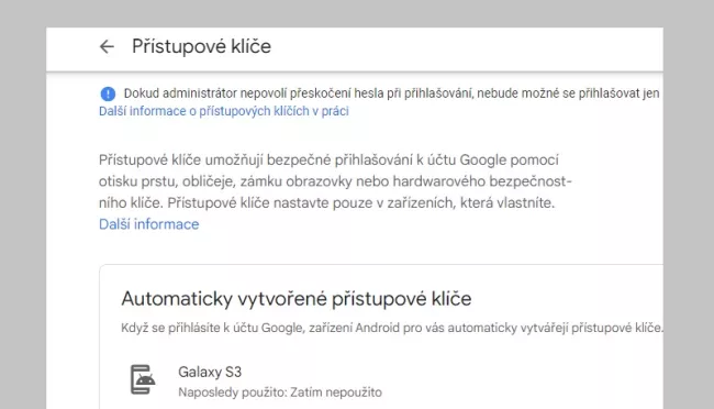 Nastavení přístupových klíčů v účtu Google