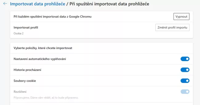 Import dat do prohlížeče Edge