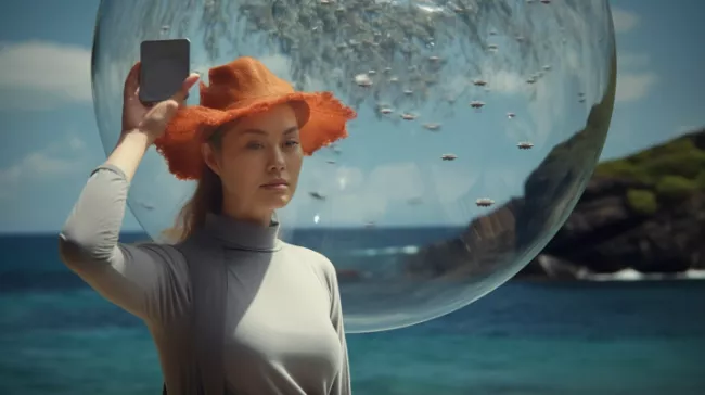 Žena s kloboukem a smartphonem nad hlavou