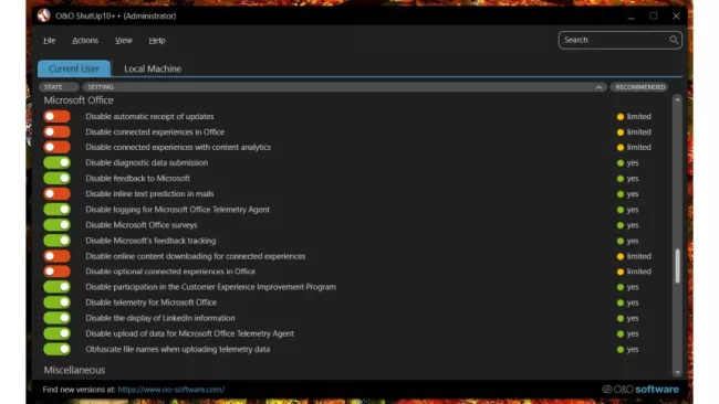 Volby programu O&O ShutUp10++