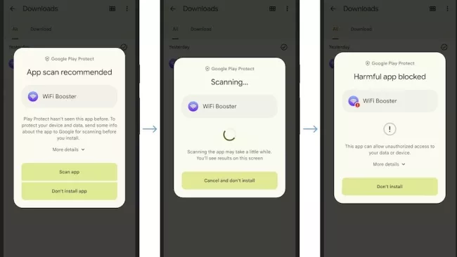 Play Protect a související obrazovky na displeji mobilu