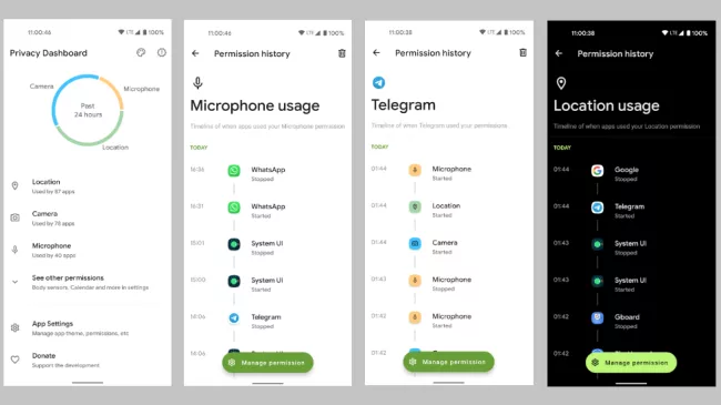 Obrazovky aplikace Privacy Dashboard