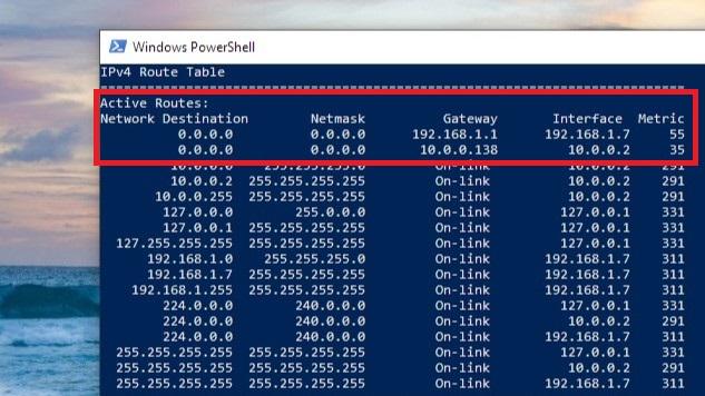 Výpis příkazu route print ve Windows Power Shellu