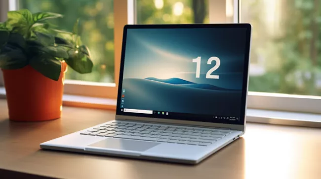 Laptop s pracovní plochou Windows a číslicí 12