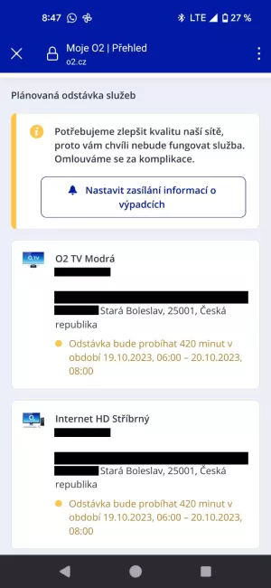 Výpadek internetu O2, snímek obrazovky
