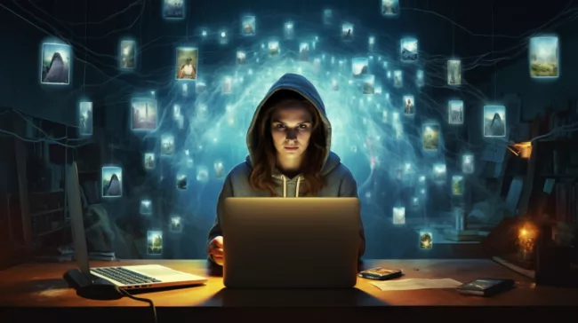 Dívka v kapuci sedí u laptopu