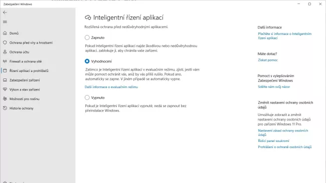 Okno s nastavením funkce Inteligentní řízení aplikací