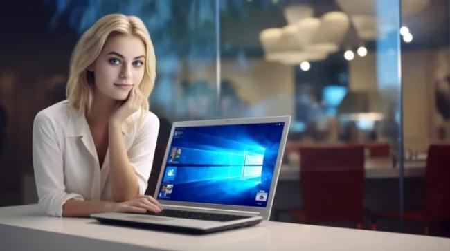 Dívka u laptopu s Windows