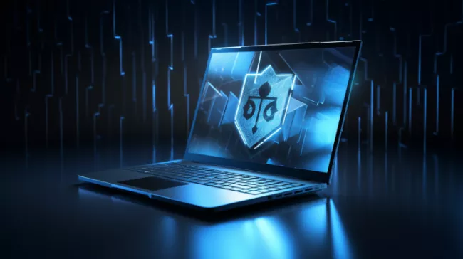 Laptop se symbolem ochranného štítu na displeji