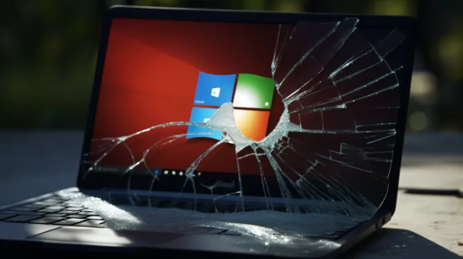 Laptop s logem Windows na pracovní ploše, jeho displej je rozbitý.