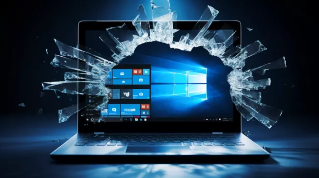 Laptop s Windows na pracovní ploše. Z displeje zařízení létají střepiny.