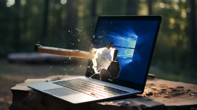 Laptop s logem Windows a rozbitým displejem