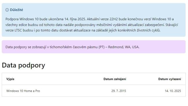 Informace Microsoftu o ukončení podpory Windows 10