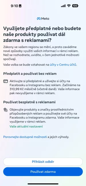 Facebook screenshot s předplatným