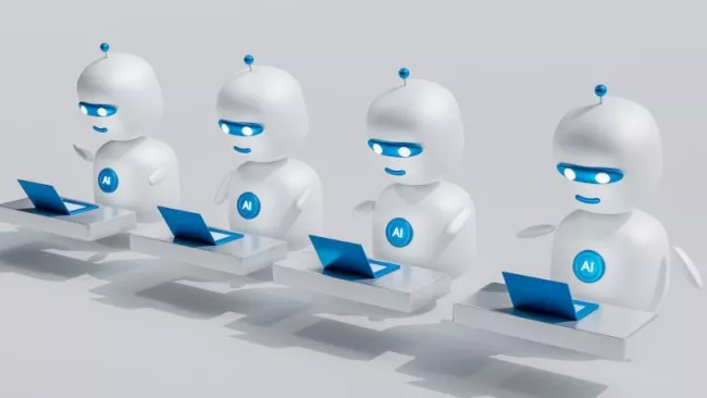 Roboti u laptopů s popisem AI