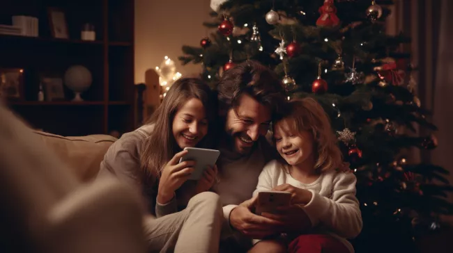 Otec s dcerami u vánočního stromu 