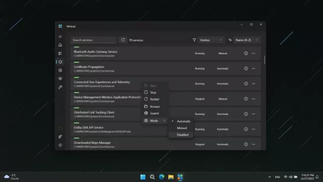 Obrazovka pro zastavení procesů Windows ve Wintoys