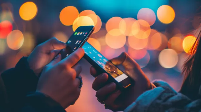 Dva uživatelé si vyměňují data na smartphonech