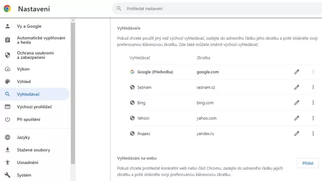 Výběr vyhledávače v internetovém prohlížeči Chrome