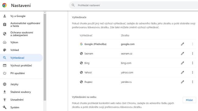Výběr vyhledávače v internetovém prohlížeči Chrome