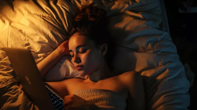 Spící dívka, vedle hlavy má notebook