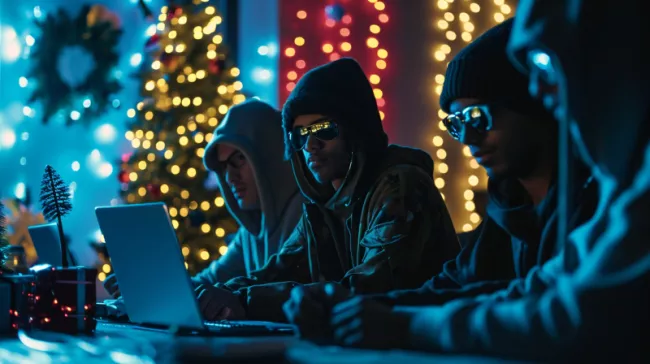 Hackeři u počítačů s vánoční výzdobou v pozadí