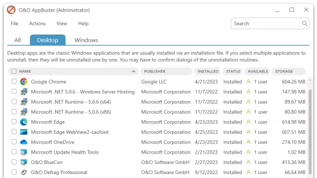 Program O&O App Buster a jeho uživatelské prostředí