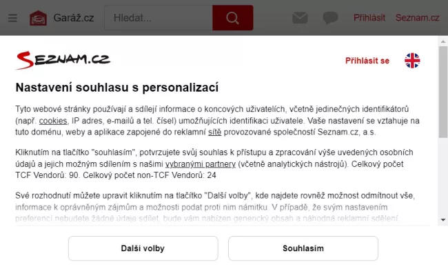 Banner s cookies u obsahu na stránce Seznam.cz