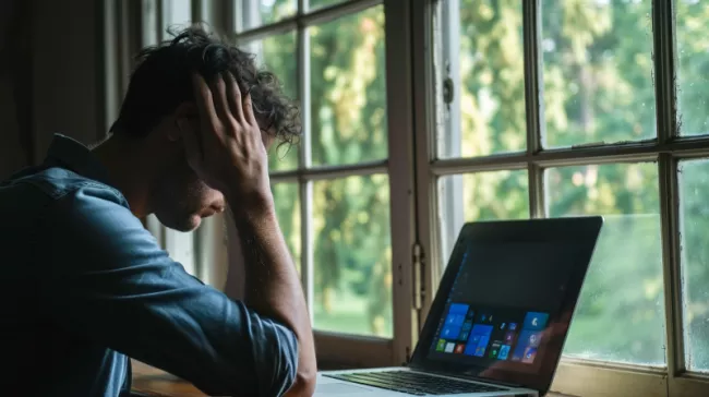 Zoufalý muž se drží za hlavu před laptopem s Windows