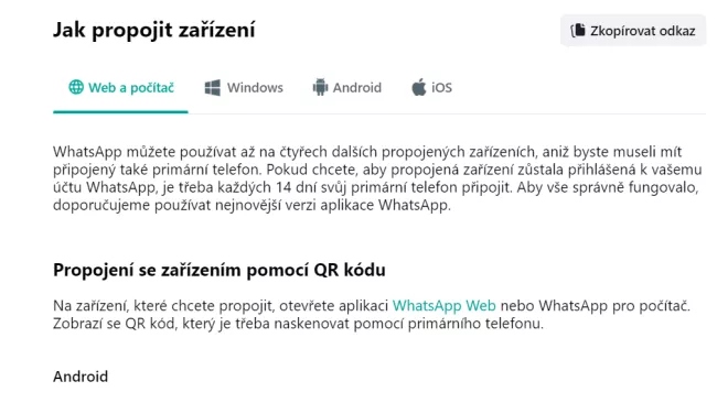 Informace WhatsAppu o propojených zařízeních
