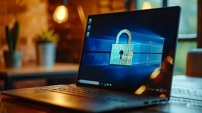 Logo Microsoft Windows na displeji laptopu včetně symbolu visacího zámku
