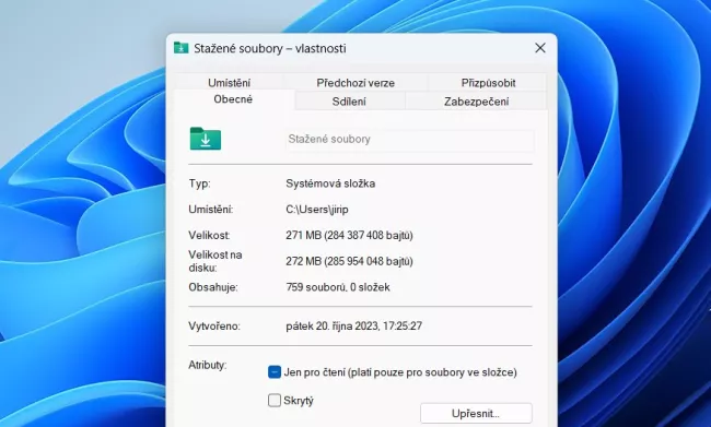 Zobrazení kapacit souboru nebo složky ve Vlastnostech Průzkumníku
