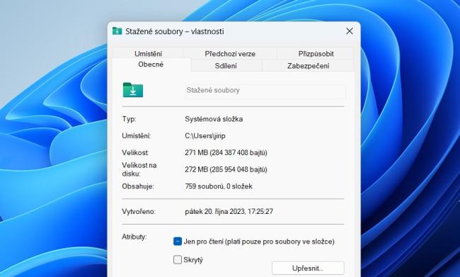 Zobrazení kapacit souboru nebo složky ve Vlastnostech Průzkumníku