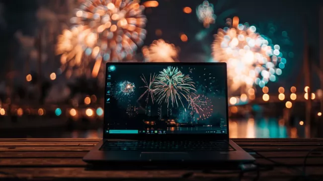 Laptop s velkým ohňostrojem na pozadí.