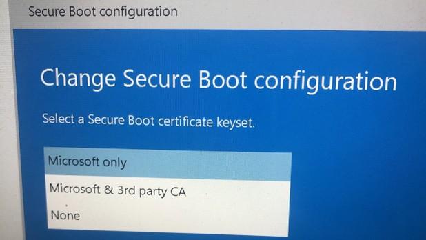 Konfigurační obrazovka funkce UEFI Secure Boot