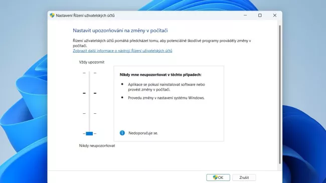 Okno Řízení uživatelských účtů ve Windows
