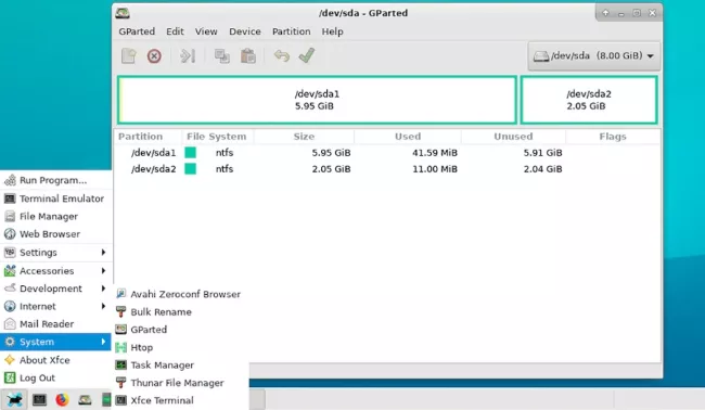 Grafické okno nástroje Gparted