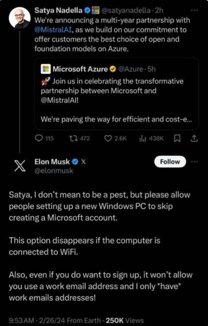 Musk píše Nadellovi na Bluesky